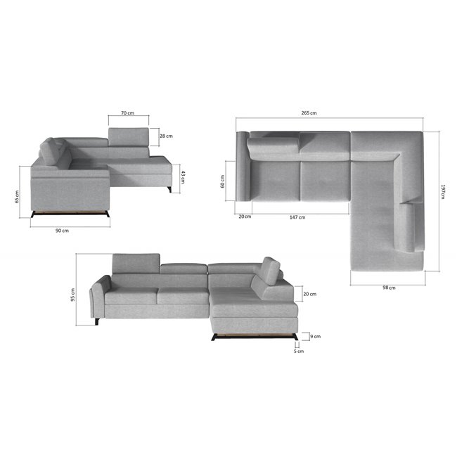 Corner sofa Elkairos R, Arte 89A, gray, H95x265x200cm