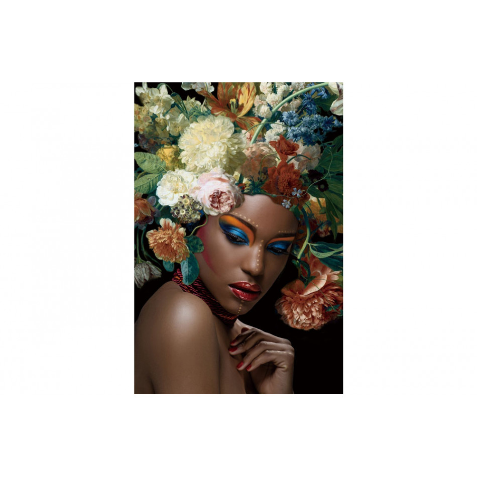 Glass digitalprint Black beauty with flowers on her head II, 80x120cm