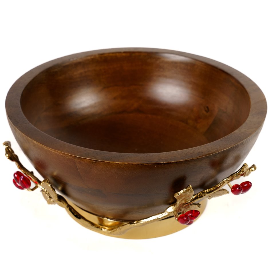 Woode bowl w/leaf/ redberry, D27x13x16.5cm