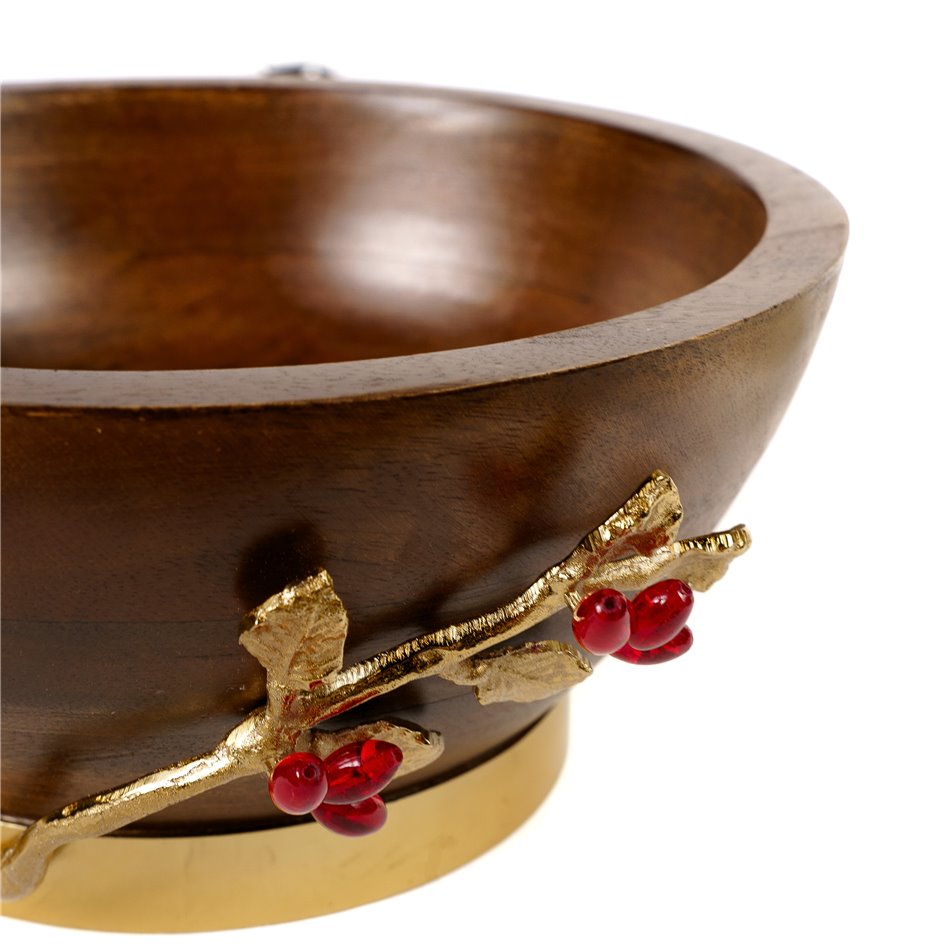 Woode bowl w/leaf/ redberry, D27x13x16.5cm