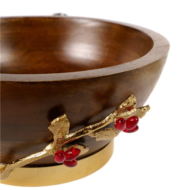 Woode bowl w/leaf/ redberry, D27x13x16.5cm