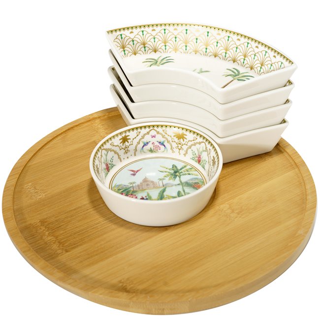 Appetizer set 6 bowls Paradise sauvage on bamboo tray, D25cm