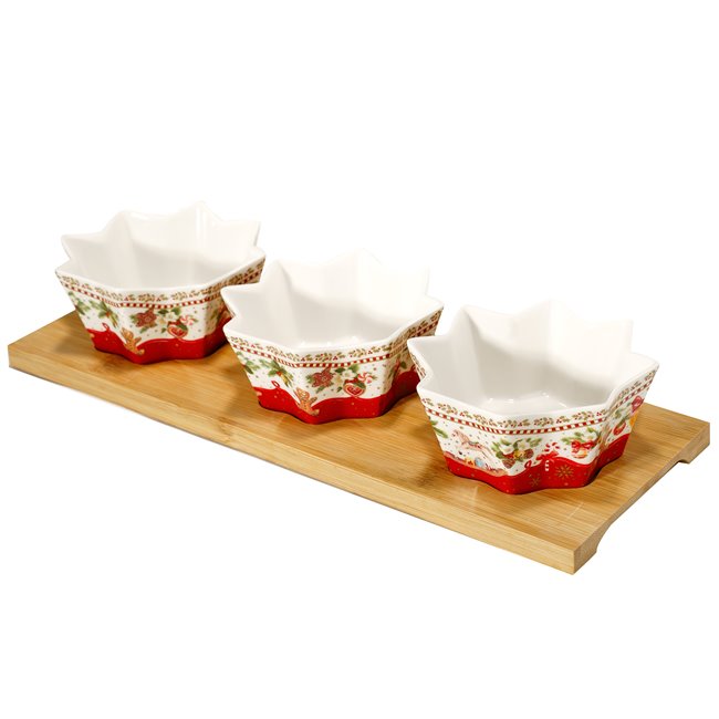 Apperatizer serving set 3 bowl on bamboo tray, 6x34x12cm