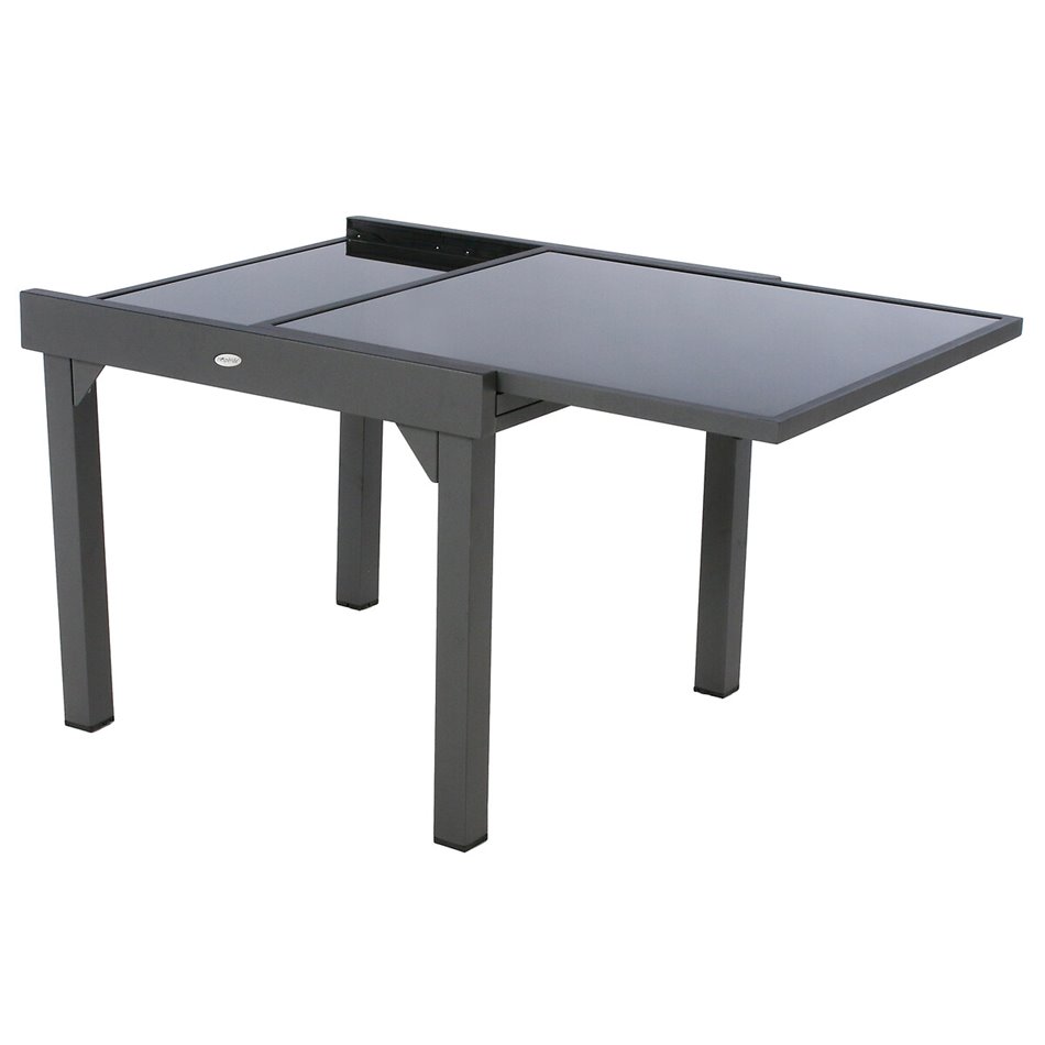 Table Lapiazza, 8-seater extendable, graphite/grey color, aluminium/tempered glass, H75,5x90x90-180cm