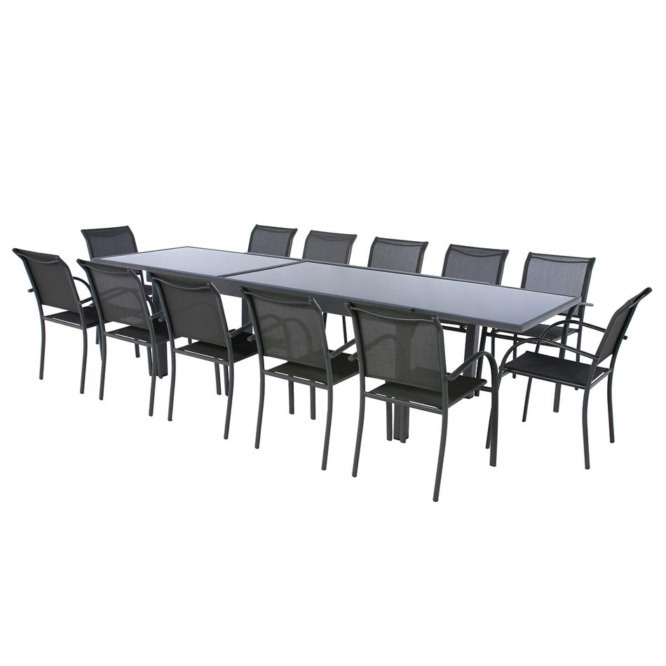 Table Lapiazza, 12-seater extendable, graphite/grey color, aluminium/tempered glass, H75,5x100x200-320cm