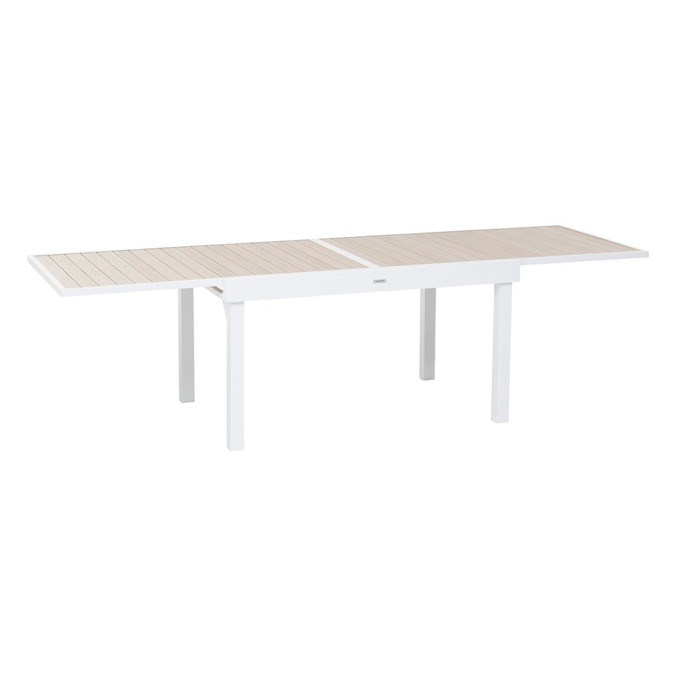 Table Lapiazza, 10-seater extendable, linen/white color, aluminium, H75,5x90x135-270cm