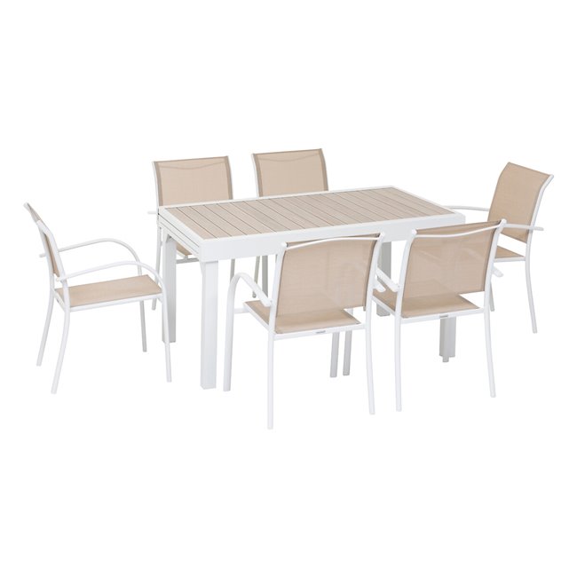 Table Lapiazza, 10-seater extendable, linen/white color, aluminium, H75,5x90x135-270cm