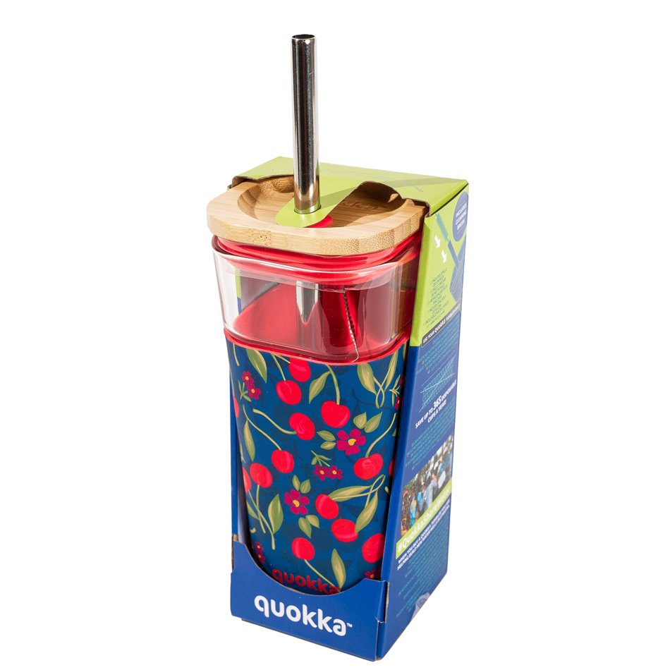 Glass tumbler Cherries w cover, straw, 540ml, H18 D8cm