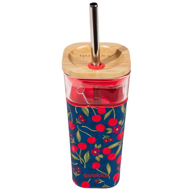 Glass tumbler Cherries w cover, straw, 540ml, H18 D8cm