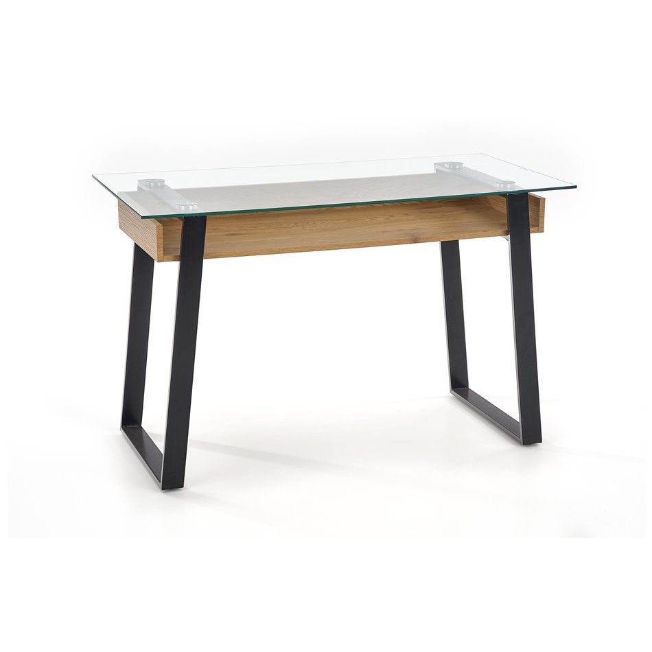 Desk Halvion, golden color oak/black, glass/MDF/steel,  H75x120x60cm