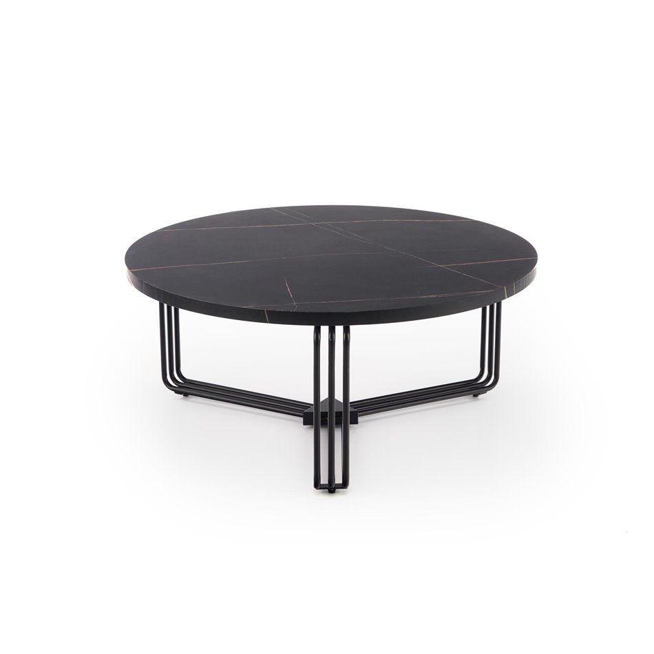 Coffee table Hantica, black marble look, MDF/Steel, D80cm, H36cm